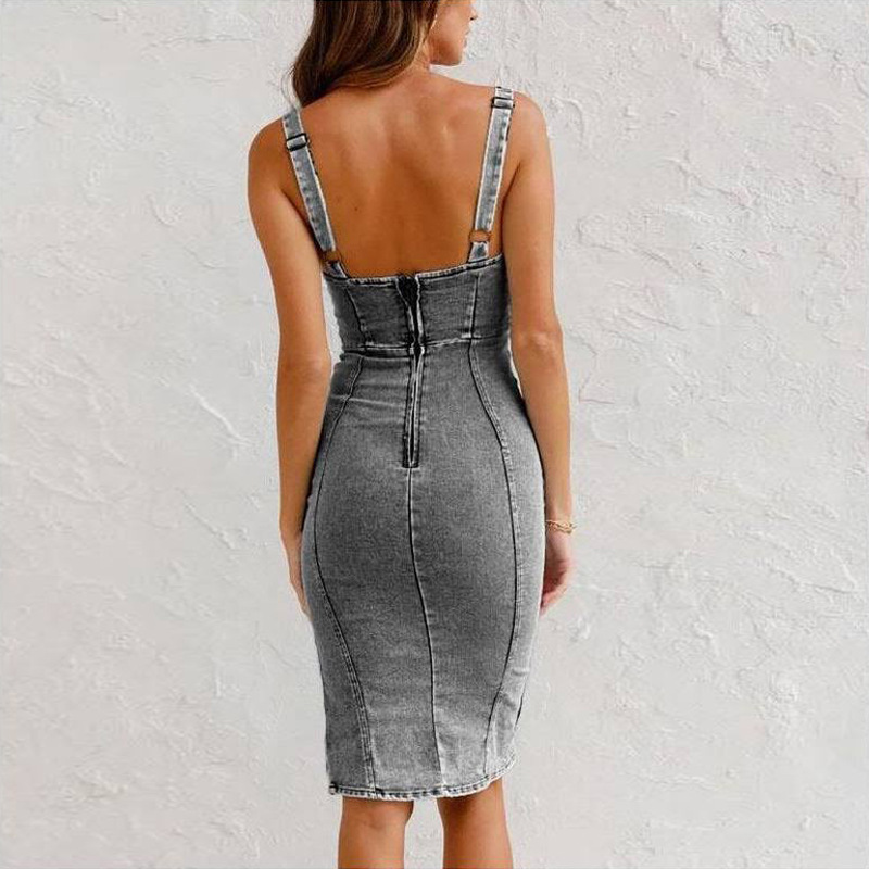 New U-neck Suspender Denim Dress