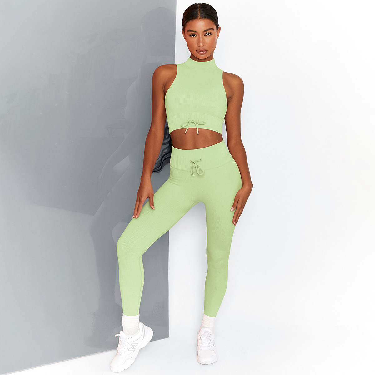 Women’s Fashion Casual Solid Color Thread Turtleneck Double-shoulder Strap Bra Trousers Suit