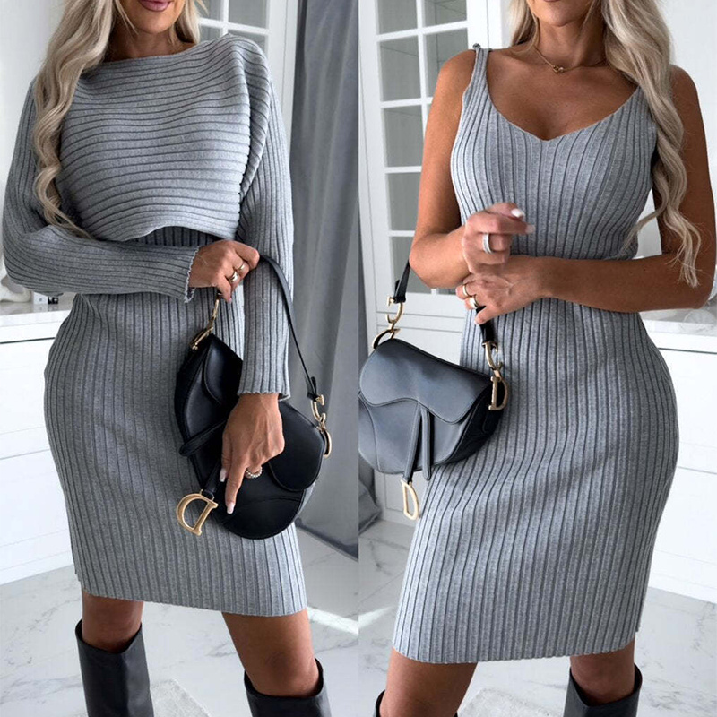 2pcs Suit Women’s Solid Stripe Long-sleeved Top And  Skirt